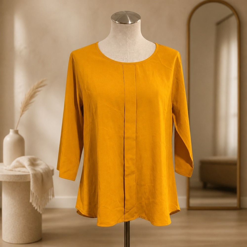 Womens‎ Mustard Yellow 3/4 Roll Tab Sleeve Pleated Front Blouse Size M